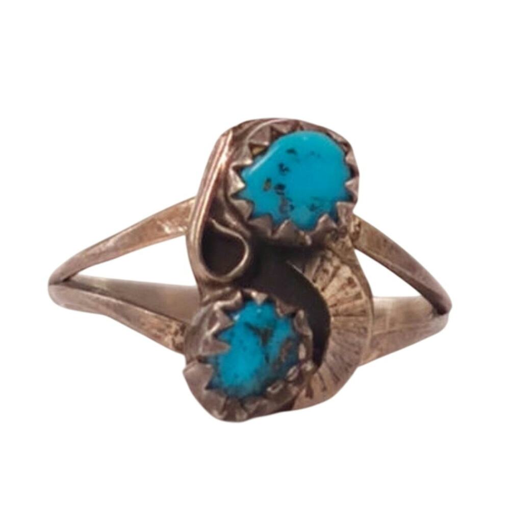 Vintage Navajo Sterling Two Stone Blue Turquoise Split Shank Ring Size 6.5